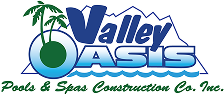 Logo for Valley Oasis Pools & Spas Construction Co. Inc., featuring stylized mountains, a palm tree, and water waves.